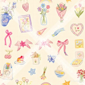 Könnte beinhalten: Ein nahtloses Muster mit handgezeichneten Illustrationen von blauen Vasen mit Blumen, rosa Schleifen, Herzen, Sternschnuppen, einem Stück Kuchen, einer Einkaufstüte mit Brot, einem Schmetterling, einer Nudelschale und einer Kuchenschachtel mit Text.