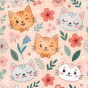 Könnte beinhalten: Ein nahtloses Muster auf hellpfirsichfarbenem Hintergrund mit Cartoon-Katzengesichtern in Orange, Grau und Weiß, durchsetzt mit rosa Blüten, blauen glockenförmigen Blumen und grünen Blättern. Die Katzen haben Schnurrhaare und tragen teilweise Fliegen.