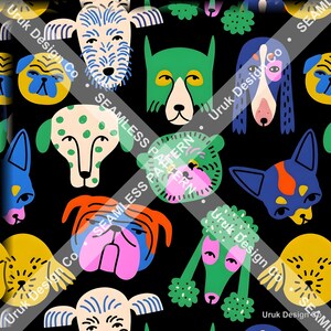 Könnte beinhalten: Ein nahtloses Muster auf schwarzem Hintergrund mit stilisierten Hundegesichtern in verschiedenen Farben wie Gelb, Grün, Blau, Orange und Pink. Das sich wiederholende Design zeigt verschiedene Hunderassen mit markanten Gesichtszügen.