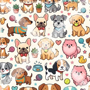 Könnte beinhalten: Ein sich wiederholendes Muster mit verschiedenen Cartoon-Hunden, darunter französische Bulldoggen mit Fliegen, Dackel in Pullovern, Golden Retriever mit Bällen und flauschige rosa Hunde, ergänzt durch kleine Topfpflanzen und Herzen.