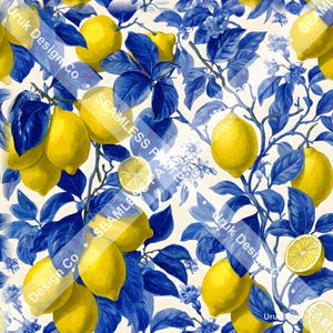 Könnte beinhalten: Ein nahtloses Muster mit leuchtend gelben Zitronen und tiefblauen Blättern auf cremefarbenem Hintergrund. Das Design zeigt ganze Zitronen, aufgeschnittene Zitronenhälften und kleine weiße Blüten an Zweigen in einer botanischen Illustration.