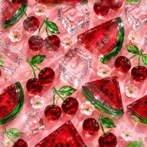 Könnte beinhalten: Ein nahtloses Muster mit leuchtend roten Kirschen mit grünen Stielen, dreieckigen Wassermelonenscheiben mit schwarzen Kernen, klaren Eiswürfeln und kleinen weißen Blüten auf einem zartrosa Hintergrund. Das Design zeigt wiederkehrende Fruchtmotive.