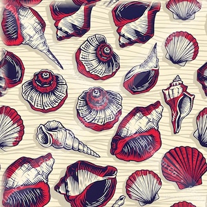 Könnte beinhalten: Ein sich wiederholendes Muster aus verschiedenen Muscheln, illustriert im Vintage-Stil mit dunkelroter und dunkelblauer Tinte auf cremefarbenem Hintergrund. Das Design zeigt spiralförmige Schneckenhäuser, fächerförmige Muscheln und Wellhornschnecken.