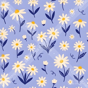Könnte beinhalten: Ein nahtloses Muster mit weißen Gänseblümchen mit gelben Mitten sowie dunkelblauen Stielen und Blättern auf hellblauem, fliederfarbenem Grund. Das Design enthält kleine Blütenknospen und einfache dunkelblaue, geschwungene Linien.