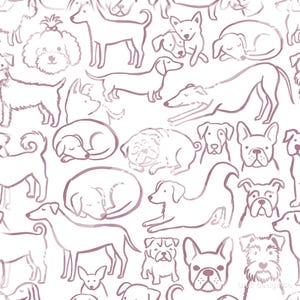 Könnte beinhalten: Ein sich wiederholendes Muster auf weißem Hintergrund mit verschiedenen Hunderassen, die in einem altrosa Linienkunststil illustriert sind. Das Design zeigt Hunde in verschiedenen Posen wie Stehen, Sitzen und Schlafen, mit dem Text Uruk Design Co.