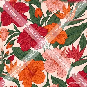 Könnte beinhalten: Ein nahtloses Muster mit leuchtend roten, orangen und hellrosa Hibiskusblüten, orangen Paradiesvogelblumen und dunkelgrünen Blättern auf einem blass pfirsichfarbenen Hintergrund. Der Text Uruk Design Co. SEAMLESS PATTERN ist sichtbar.