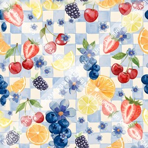 Summer Fruit Gingham Watercolor Seamless Pattern | Fresh Berries and Citrus Digital Paper for Fabric and Wallpaper