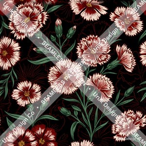Könnte beinhalten: Ein nahtloses Muster mit detaillierten Illustrationen von Nelkenblüten in tiefroten und blassrosa Farbtönen. Die Blumen sind vor einem einfarbigen schwarzen Hintergrund angeordnet, begleitet von grünen Stielen und geschlossenen Knospen, was ein sich wiederholendes florales Design ergibt.