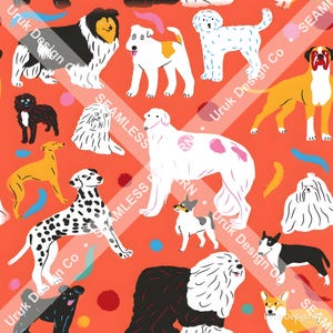 Könnte beinhalten: Ein nahtloses Muster auf leuchtend orangefarbenem Hintergrund mit verschiedenen Hunderassen in Schwarz, Weiß, Hellbraun und Braun. Das Design zeigt Illustrationen von Dalmatinern, Collies, Pudeln und anderen Hunden, durchsetzt mit kleinen bunten Formen.