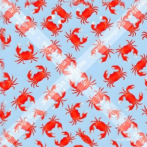 Könnte beinhalten: Ein nahtloses Muster mit leuchtend roten Krabben mit weiß gespitzten Scheren auf hellblauem Grund. Das Design enthält ein diagonales Wasserzeichen mit dem wiederkehrenden Text Uruk Design Co und SEAMLESS PATTERN.