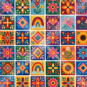 Könnte beinhalten: Ein nahtloses Muster aus quadratischen Fliesen mit farbenfrohen Illustrationen von Blumen, Regenbögen und geometrischen Rautenformen. Das Design umfasst leuchtende Rot-, Orange-, Gelb-, Grün-, Blau- und Violetttöne in einem Raster mit weißen Fugen.