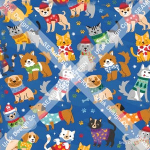 Könnte beinhalten: Ein nahtloses Muster auf blauem Hintergrund mit verschiedenen illustrierten Hunden und Katzen, die Winterpullover, Mützen und Schals tragen, durchsetzt mit kleinen Pfotenabdrücken, Knochen und Schneeflocken, mit dem Text Uruk Design Co.