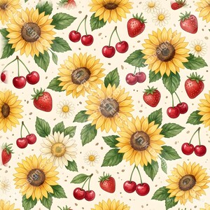 Könnte beinhalten: Ein sich wiederholendes Muster mit gelben Sonnenblumen mit grünen Blättern, leuchtend roten Erdbeeren, Paaren roter Kirschen an Stielen und kleinen weißen Gänseblümchen auf einem hellcremefarbenen Hintergrund mit verstreuten braunen Sprenkeln.