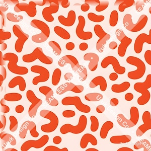Könnte beinhalten: Ein nahtloses Muster mit orangefarbenen, geschwungenen, organischen Formen und kleinen Kreisen auf einem hellen cremefarbenen Hintergrund. Das Design enthält ein diagonales Wasserzeichen mit dem Text Uruk Design Co SEAMLESS PATTERN.