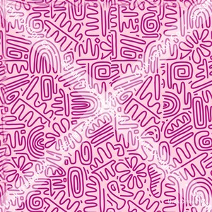 Könnte beinhalten: Ein sich wiederholendes Muster mit dunkelmagentafarbenen, handgezeichneten Kritzelformen auf hellrosa Hintergrund. Das Design enthält verschiedene abstrakte Motive wie gewellte Linien, konzentrische Bögen, Spiralen und blumenartige Formen.