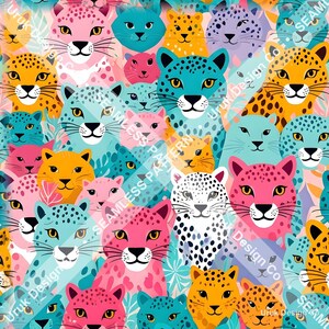 Könnte beinhalten: Ein nahtloses Muster mit einer wiederkehrenden Illustration stilisierter Leopardenköpfe in leuchtenden Farben wie Pink, Orange, Türkis und Weiß. Jeder Leopard hat markante Punkte, Schnurrhaare und nach vorne gerichtete Augen.