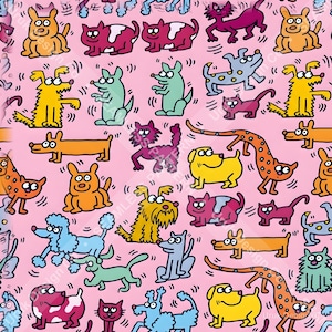 Könnte beinhalten: Ein nahtloses Muster auf hellrosa Hintergrund mit einer Vielzahl von Cartoon-Hunden und -Katzen in Farben wie Gelb, Orange, Blau, Grün und Magenta. Die Tiere sind in verschiedenen Posen mit einfachen schwarzen Umrissen dargestellt.