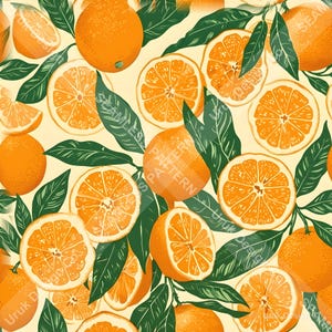 May include: A seamless pattern featuring bright orange citrus fruits and dark green leaves on a light cream background. The design includes whole oranges and sliced orange segments, showcasing the detailed texture of the fruit pulp and rinds.