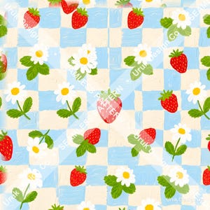 Könnte beinhalten: Ein nahtloses Muster mit einem sich wiederholenden Gitter aus hellblauen und cremefarbenen Quadraten. Das Design ist mit Illustrationen von roten Erdbeeren mit grünen Blättern und weißen Gänseblümchen mit gelben Mitten in strukturierter Optik verziert.