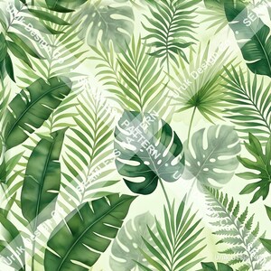 Könnte beinhalten: Ein nahtloses Muster mit einer Vielzahl tropischer Blätter in Grüntönen, darunter Monstera-, Palmen- und Farnwedel. Das Design enthält ein diagonales Wasserzeichen mit dem Text Uruk Design Co SEAMLESS PATTERN.