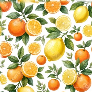 Op de afbeelding: Een naadloos patroon met levendige hele en gesneden sinaasappels en citroenen met groene bladeren op een witte achtergrond. Het ontwerp bevat gedetailleerde illustraties van citrusvruchten, met textuurrijke schillen en segmenten.
