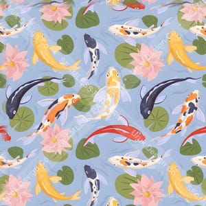 Könnte beinhalten: Ein nahtloses Muster mit Koi-Karpfen in Orange, Gelb, Weiß und Schwarz, die zwischen rosa Lotusblüten und grünen Seerosenblättern auf einem hellblauen Wasserhintergrund schwimmen. Das Design zeigt sich wiederholende aquatische Elemente.