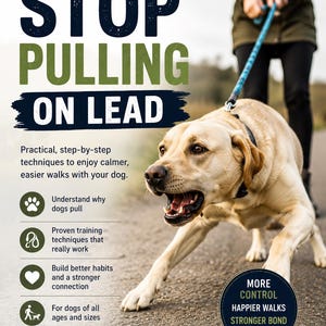 Puede incluir: Una guía titulada THE COMPLETE GUIDE TO STOP PULLING ON LEAD que muestra a un Labrador retriever amarillo tirando de una correa azul. El texto incluye técnicas prácticas paso a paso, entender por qué los perros tiran, métodos de entrenamiento probados, y más control, paseos más felices, vínculo más fuerte.