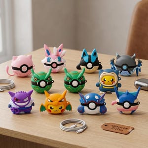 May include: A collection of eleven silicone earbud cases shaped like various colorful creatures and spherical designs. The items feature distinct characters including yellow, blue, green, pink, and purple motifs with integrated circular button details.