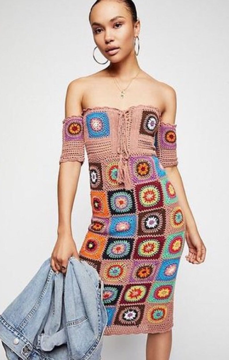 Crochet Grandy Motif Strapless Dress Boho Hippie Gypsy Dress Etsy