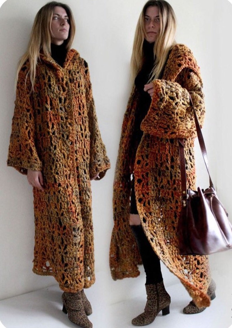 Christmas Gift . Boho Hippie Wear Winter Trend Crochet Oversized Chunky Hood Kimono Caftan Cardigan