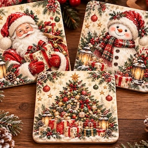 May include: Three square coasters featuring festive Christmas illustrations. One shows Santa Claus with a gift, another a snowman in a plaid scarf, and the third a decorated Christmas tree with presents. Each design includes lanterns, pinecones, and ornaments.