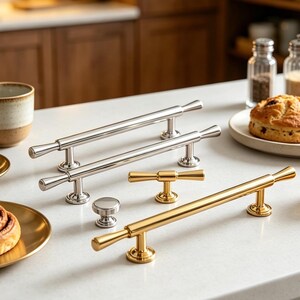 Cabinet Pulls Gold & Silver, T Bar Cabinet Handles, Modern Kitchen Cabinet Hardware, Brass Drawer Pulls, Trumpet Bar Pull Knobs Set