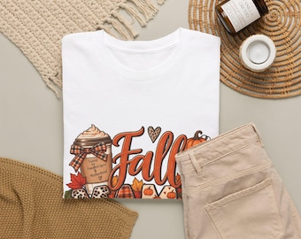秋のママグラフィックTシャツ｜秋のカボチャと葉っぱのチェック柄