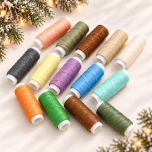 May include: A collection of fourteen spools of thread in various colors including peach, olive green, brown, tan, cream, dark gray, yellow, purple, bright blue, turquoise, orange, bright green, and dark green, each on a white plastic core.