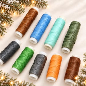 May include: Nine spools of waxed thread arranged in a grid, featuring colors including brown, bright blue, mint green, olive green, dark gray, grass green, charcoal, orange, and reddish-brown, each wound on a white plastic cylindrical core.