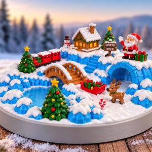 May include: A Christmas village display featuring a snow-covered cabin, a red train, a wooden bridge, a frozen pond, and a reindeer. Santa Claus stands near a North Pole sign, with decorated pine trees, a snowman, and gift boxes.