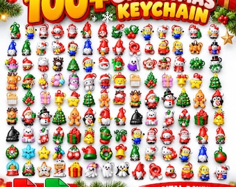 以下が含まれることがあります： サンタ、雪だるま、トナカイ、エルフ、ギフトボックスなどの様々なキャラクターをモチーフにした100種類以上のカラフルなクリスマスキーホルダーのコレクション。画像には「100+ CHRISTMAS KEYCHAIN」および「DIGITAL DOWNLOAD」というテキストが含まれています。