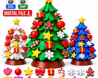 以下が含まれることがあります： 白、緑、青の3つのスタイライズされたクリスマスツリーのモデル。それぞれ黄色い星が頂上にあり、ジンジャーブレッドマン、赤いリボン、ギフトボックス、キャンディケイン、雪の結晶などのオーナメントで飾られ、茶色の円形の台座の上に置かれています。