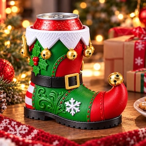 Könnte beinhalten: Ein festlicher Getränkekühler in Form eines Elfenstiefels mit rot-grünem Design, schwarzem Gürtel, goldener Schnalle, weißem Rand und mehreren goldenen Glöckchen. Der Stiefel ist mit einer weißen Schneeflocke, grünen Stechpalmenblättern und roten Beeren verziert.