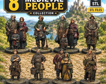 以下が含まれることがあります： 中世の人々を描いた8体のミニチュアフィギュアコレクション。詳細な時代の衣装を着た大人と子供が含まれています。セットには「8 MEDIEVAL PEOPLE COLLECTION」とラベルが付けられ、3Dプリント用のSTLファイルとプレサポートオプションが含まれています。
