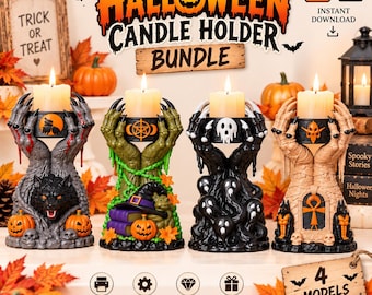 以下が含まれることがあります： キャンドルを持つ彫刻された手を描いたハロウィーンキャンドルホルダー4種類のデジタルバンドル。デザインには、カボチャを持つオオカミ、本と魔女の帽子、幽霊、エジプト風の構造が含まれています。テキストは「HALLOWEEN CANDLE HOLDER BUNDLE」と書かれています。