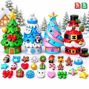 May include: Four decorative Christmas tree figurines in green, blue, pink, and red, each featuring holes for interchangeable ornaments. Includes various small plastic charms like stars, bows, gifts, snowflakes, hearts, and holiday characters.