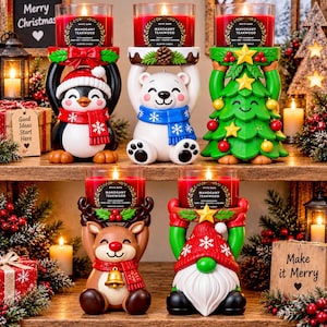 May include: Five decorative candle holders featuring a penguin, polar bear, Christmas tree, reindeer, and gnome, each holding a glass jar of red Mahogany Teakwood scented candle. The figures are painted in festive colours with winter accessories.