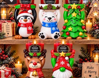 以下が含まれることがあります： ペンギン、シロクマ、クリスマスツリー、トナカイ、ノームをかたどった5つの装飾用キャンドルホルダー。それぞれが赤いマホガニー・チークウッドの香り付きキャンドルが入ったガラス瓶を支えています。フィギュアは冬のアクセサリーを身につけ、華やかな色で塗装されています。