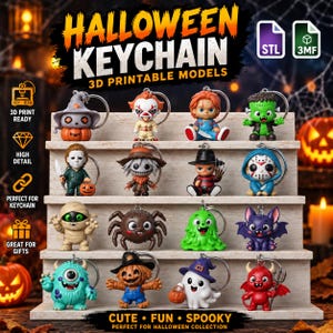 May include: A collection of sixteen 3D printable Halloween keychain models displayed on a tiered wooden stand. The figures include a pumpkin, clown, doll, monster, mummy, spider, slime, bat, ghost, and devil, each with a metal keychain ring.