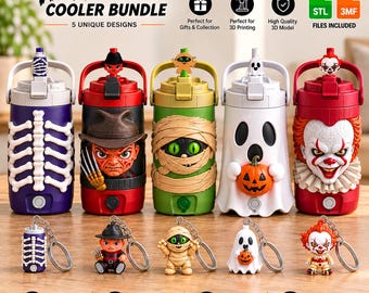 以下が含まれることがあります： 12オンス缶用のハロウィンクーラーバンドル5種セット。スケルトン、爪のあるキャラクター、ミイラ、カボチャを持つゴースト、ピエロのデザインが含まれています。各クーラーにはお揃いのキーホルダーが付いています。テキスト：HALLOWEEN COOLER BUNDLE。