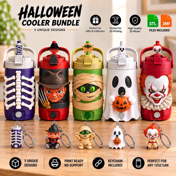 Halloween Can Cooler 3D Print Bundle, 5 Spooky Designs, STL & 3MF Files