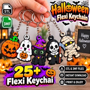 May include: Five articulated Halloween-themed keychains featuring a pumpkin, a ghost holding a pumpkin, a black cat with a purple witch hat, a skeleton with a scythe, and a mummy. Each keychain has a metal ring and chain for attachment.
