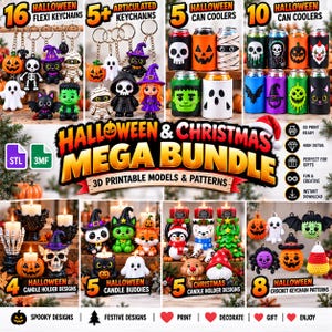 May include: A digital collection of 3D printable Halloween and Christmas models including flexi keychains, articulated keychains, can coolers, candle holders, candle buddies, and crochet patterns featuring pumpkins, ghosts, skulls, and holiday figures.