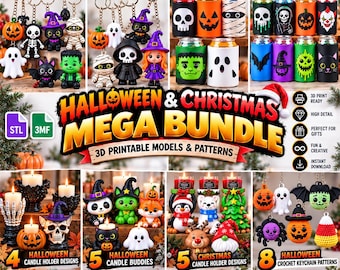 以下が含まれることがあります： ハロウィンとクリスマスの3Dプリント用モデルのデジタルコレクション。関節付きキーチェーン、缶クーラー、キャンドルホルダー、キャンドルバディ、かぼちゃ、幽霊、ドクロ、ホリデーキャラクターの編み図などが含まれています。